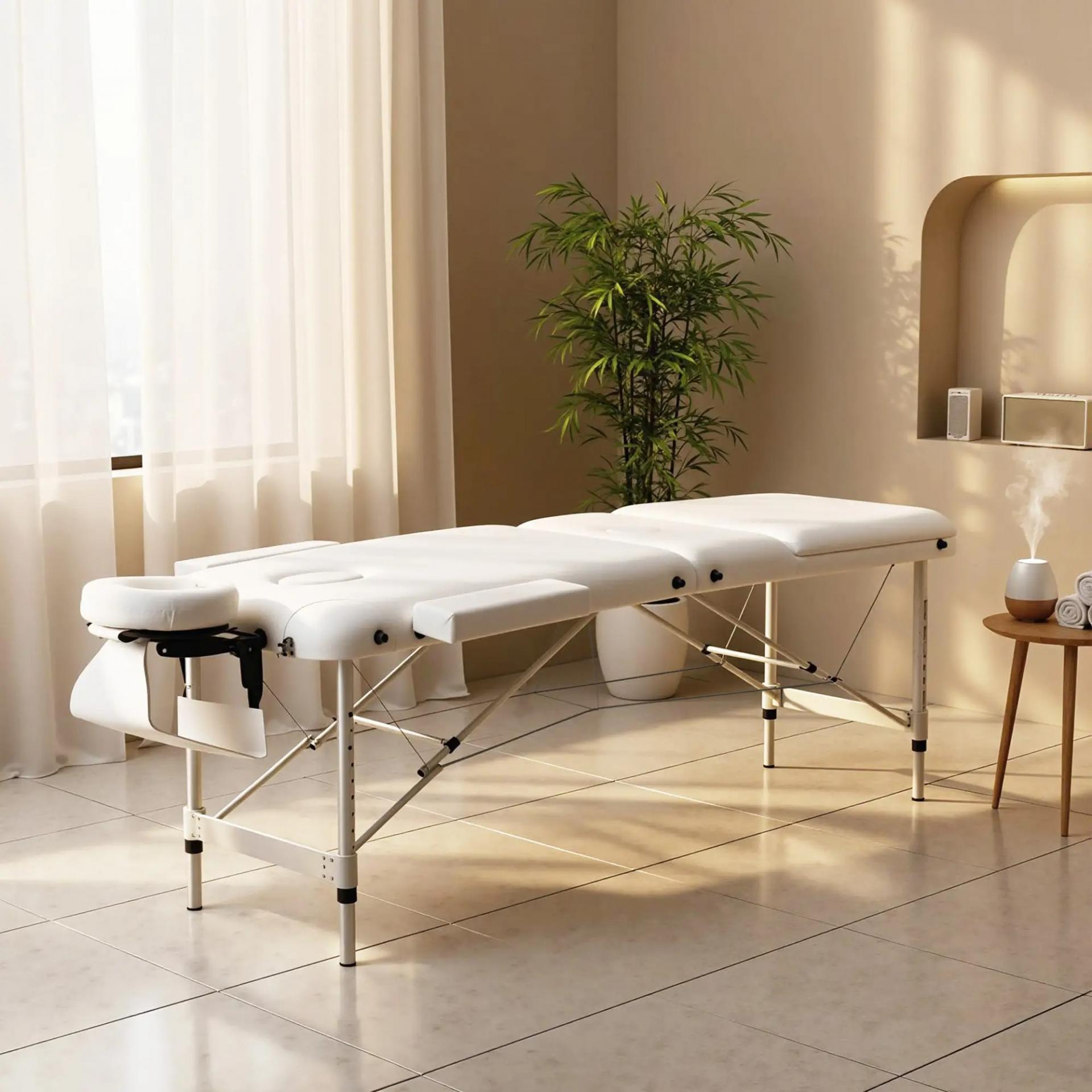 Camilla Masaje Plegable de Aluminio con Altura Ajustable 3 Zonas Reposacabezas Reposabrazos Blanco