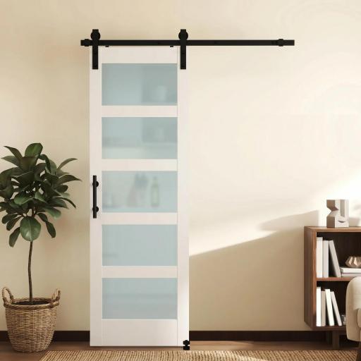 Puerta Corredera Interior 71x213 cm con Kit de Montaje, MDF y Vidrio Esmerilado, Riel y Herrajes, Blanco [3]
