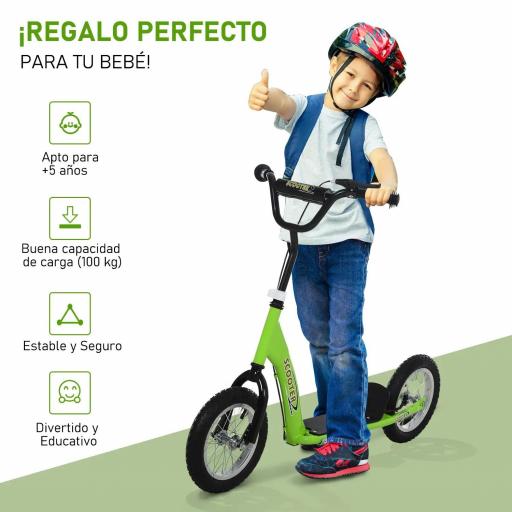 Patinete para Niños Mayores de 5 Años Scooter 2 Neumáticos Inflables de Caucho con Frenos Manillar Ajustable Pedal Antideslizante 117x52x80-85 cm Verde [3]
