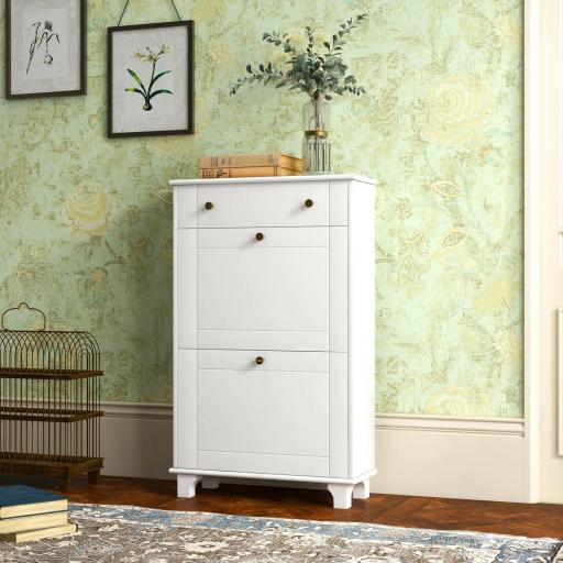 Mueble Zapatero Blanco Zapatero Estrecho con 2 Puertas Abatibles y 1 Cajón para 8 Pares de Zapatos 60x23,5x98,5 cm