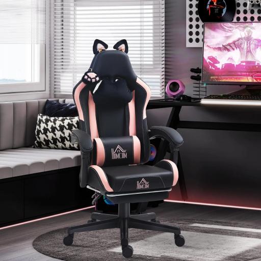 Silla Gamer Reclinable con Altura Ajustable Reposapiés Retráctil Soporte Lumbar y Reposacabezas Desmontable Negro
