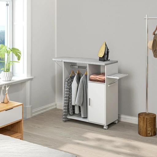 Mueble de Planchar con Ruedas Barra para Colgar Ropa Estante Abierto y Tablero Plegable 127x42,5x99 cm Blanco [8]