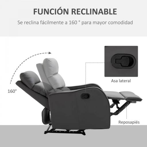 Sillón Relax Reclinable Sofá Relax Tapizado en PU con Reposapiés Retráctil para Dormitorio Salón 65x89x100 cm Gris [2]