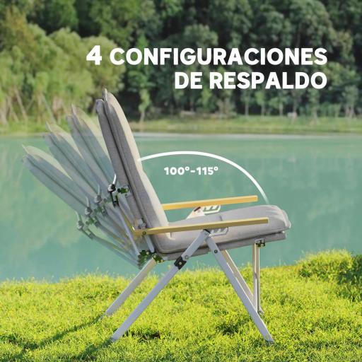 Sillas de Camping Plegables de Aluminio con Respaldo Alto Ajustable Reposabrazos de Madera 59x67x96 cm Gris Claro [3]
