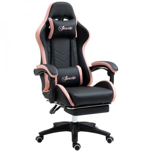 Silla Gaming Silla Gamer de Cuero PU Reclinable 135° Reposacabezas y Reposapiés 65x65x121-129 cm Negro y Rosa [10]