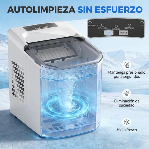 Máquina de Hielo Autolimpiable 12 kg/24H 9 Cubitos Listos en 7 Minutos 2 Tamaños de Hielo 1,5L Depósito Blanco [4]