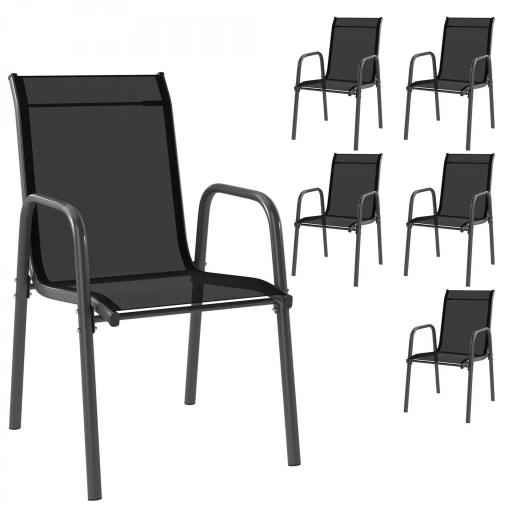 Juego de 6 Sillas de Jardín Exterior Apilables con Reposabrazos Asiento y Respaldo de Malla Estructura de Metal Negro [9]