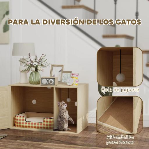 Mueble Arenero para Gatos Caja de Arena para Gatos con Almohadilla para Rascar y Puerta de Ratán 80x50x50 cm Roble [6]