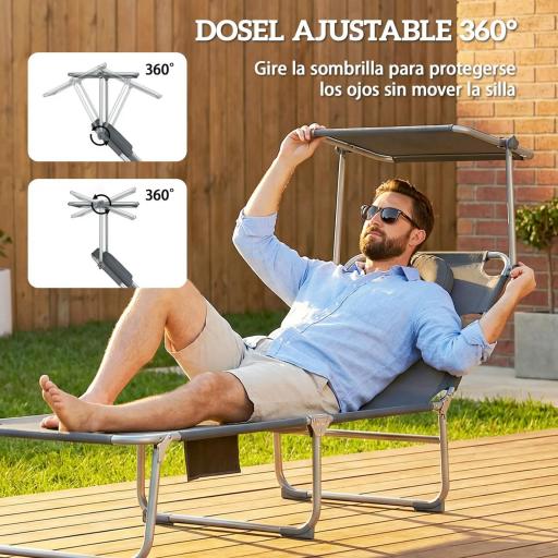 Set de 2 Tumbonas Plegables Reclinables con Dosel 360° Orificio Facial Bolsillo Lateral y Textilene 550 g/m² Gris [2]