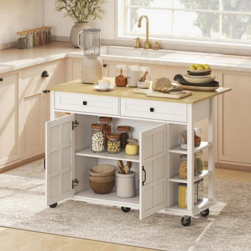 Isla de Cocina con Ruedas Encimera Plegable 2 Puertas con Cierre Suave 2 Cajones 6 Estantes Abiertos Blanco
