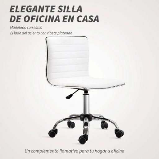 Silla de Escritorio sin Brazos Giratoria con Altura Ajustable Silla para Estudio Tapizada en PU Carga 120 kg Blanco [3]