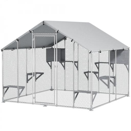 Jaula Grande para Gatos Exterior con 2 Casitas 7 Plataformas para Saltar Cubierta Impermeable y Anti-UV 240x193x195 cm [9]