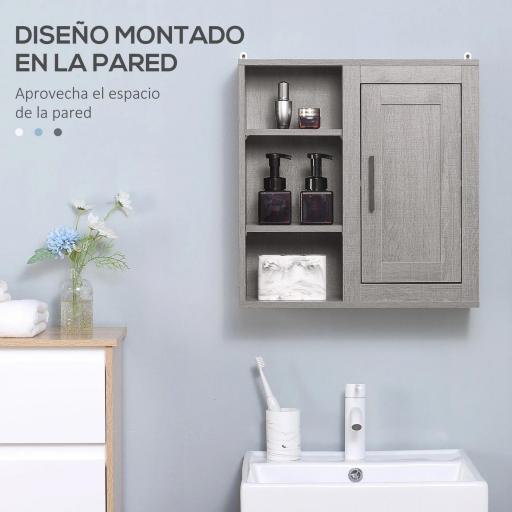 Armario de Baño de Pared con 3 Estantes Abiertos y 1 Puerta Mueble Auxiliar Suspendido Moderno 48x20x50 cm Gris [8]
