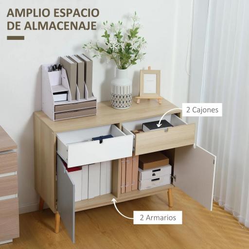 Aparador Auxiliar Mueble de Almacenamiento de Salón con 2 Armarios Cerrados y 2 Cajones Patas Elevadas de Madera de Pino para Cocina Dormitorio Entrada 100x40x79,5 cm Multicolor [2]