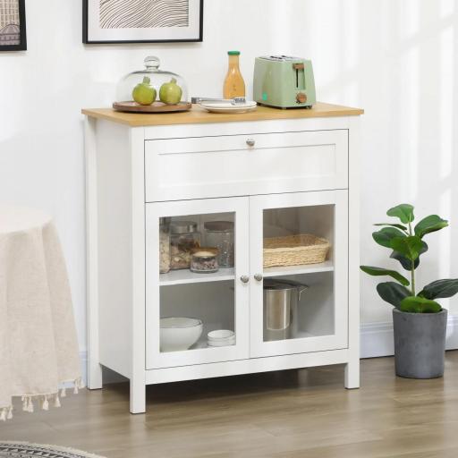 Aparador de Cocina Moderno Mueble Buffet Auxiliar con Cajón Estante Ajustable y 2 Puertas de Vidrio 80x40x90 cm Blanco