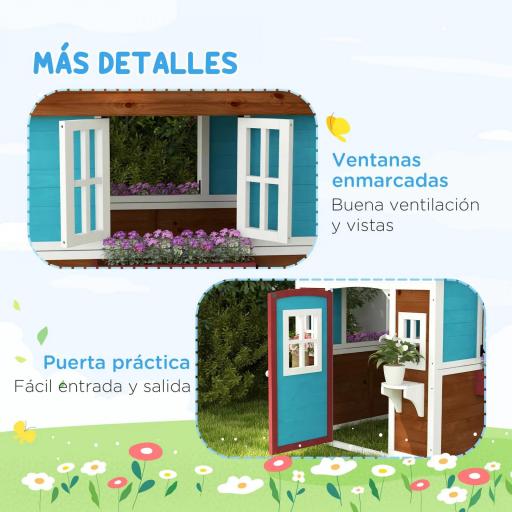 Casita de Madera Infantil con Puerta Ventanas Jardineras y Repisas con Detalles de Color 114x126,4x135 cm Marrón Oscuro [2]