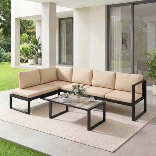 Conjunto de Jardín Exterior de 4 Piezas con 2 Sofás de 2 Plazas 1 Sillón sin Brazos y Mesa de Centro con Cojines Caqui [7]