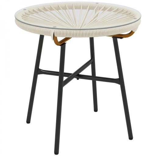 Mesa Auxiliar de Ratán Sintético Redonda para Exteriores con Encimera de Vidrio Templado Ø50x50 cm Crema [8]