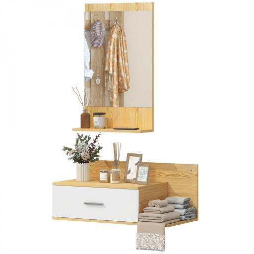 Conjunto de Recibidor de Entrada de Pared con Espejo y Almacenaje Espejo con Cajón y 2 Estantes Abiertos Madera Natural [9]