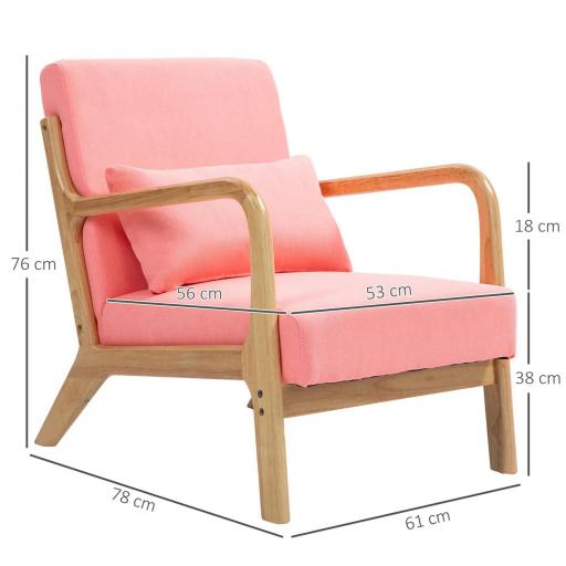 Butaca Nórdica Sillón de Salón Acolchado con Reposabrazos Cojín y Marco de Madera de Caucho 61x78x76 cm Rosa [1]