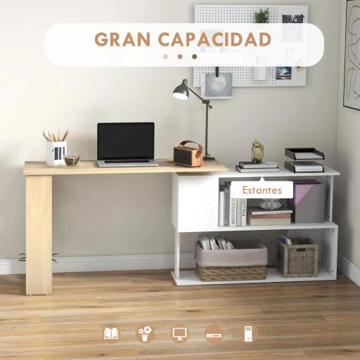 Escritorio en L con Estantería Mesa de Escritorio con Estantes para Oficina Estudio 120x110x74,5 cm Natural y Blanco [2]