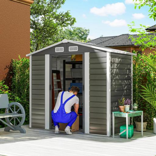 Cobertizo Metálico para Jardín 213x120x166/194 cm con Base Refuerzo Puertas Correderas y Ventilaciones Gris Oscuro