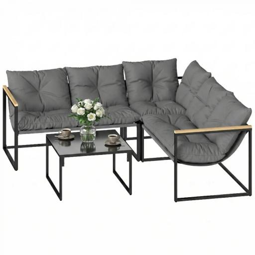 Conjunto de Jardín Exterior con Cojines Gruesos 2 Sofás de 2 Plazas Sofá de Esquina y Mesa de Centro de Vidrio Gris [9]