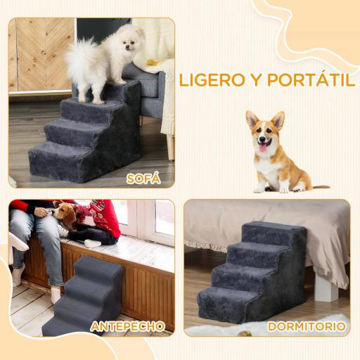 Escalera para Mascotas de 4 Peldaños con Funda Extraíble y Lavable para Cama Sofá 60x35x44 cm Gris Oscuro [2]