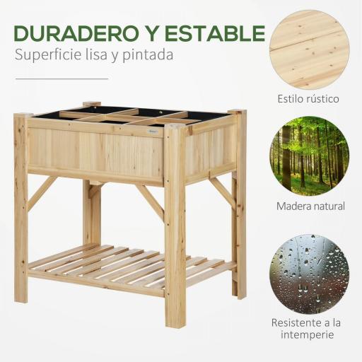 Huerto Urbano de Madera 78,5x58x81 cm Mesa de Cultivo con 6 Compartimentos y Estante Inferior para Plantas Flores en Jardín Terraza Exterior Color Natural [4]