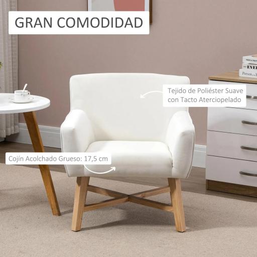 Butaca de Salón Tapizada en Terciopelo con Reposabrazos Acolchados y Patas de Madera Cruzadas 67x65x74 cm Blanco Crema [2]