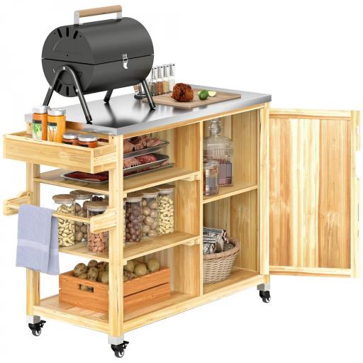 Carrito de Parrilla de Madera con 4 Ruedas Estantes Armario y Encimera de Acero Inoxidable 134,5x50x91,5 cm Natural [9]