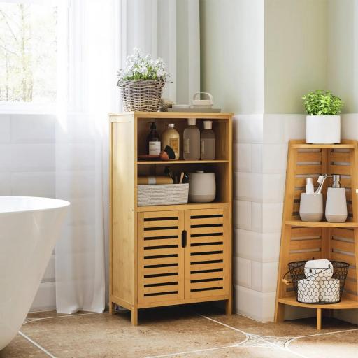 Mueble Auxiliar de Baño de Bambú Mueble de Baño con 2 Puertas 2 Estantes Abiertos y Patas Elevadas 50x29x92 cm Natural