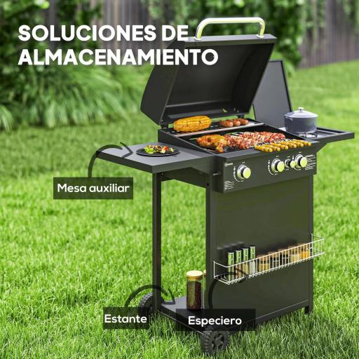 Barbacoa de Gas con 3 Quemadores Parrilla para 5-9 Personas Quemador Lateral Termómetro y Ruedas 123x58x98 cm Negro [6]