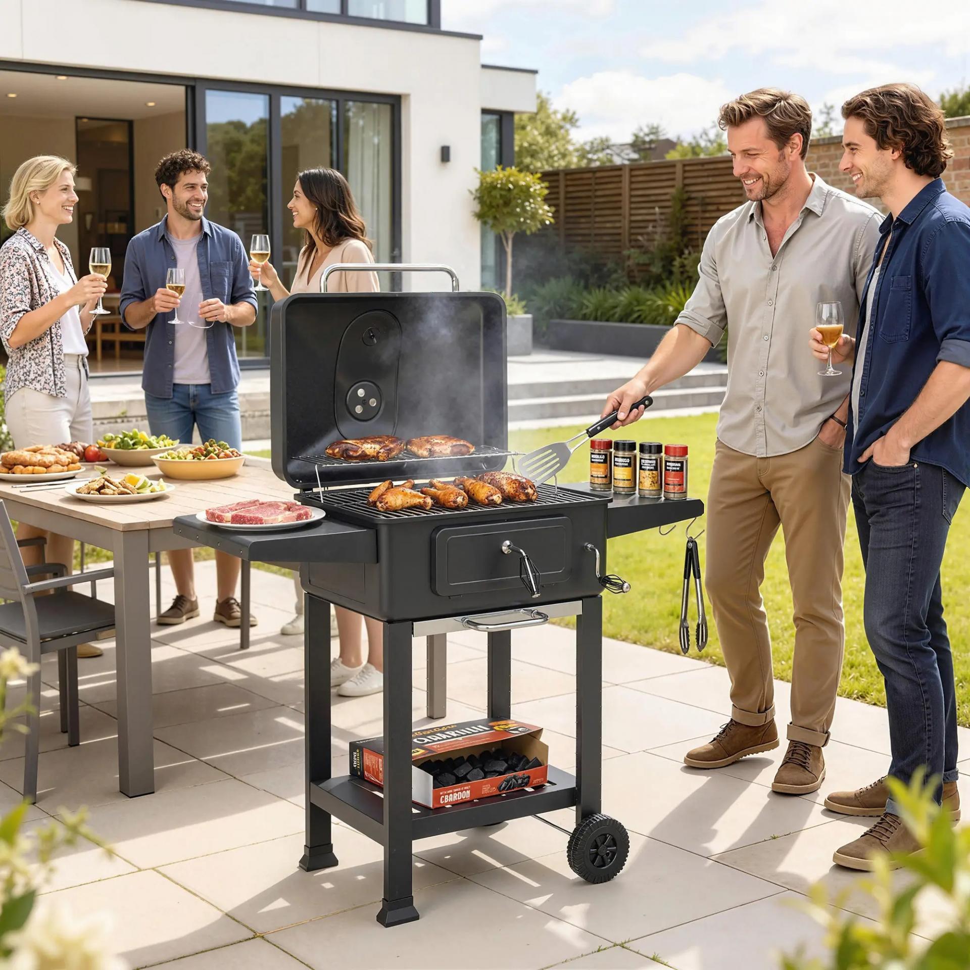 Barbacoa de Carbón con Bandeja y Ventilación Ajustable Estantes Laterales Ruedas Termómetro Tapa y Puerta