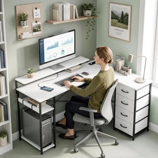 Escritorio en L Reversible con 4 Cajones de Tela 2 Enchufes y 2 Puertos USB Soporte para Monitor 155x112 cm Blanco [8]