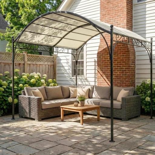 Pérgola de Jardín 3x3 m con Dosel UV30+ Estructura de Metal Galvanizado Techo Arqueado Pabellón para Exterior Crema [6]