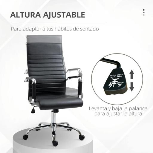 Silla de Escritorio Giratoria Silla de Oficina con Respaldo Alto Ruedas Giratorias Altura Ajustable Función Basculante y Reposabrazos Tapizado en Cuero Sintético Negro [2]