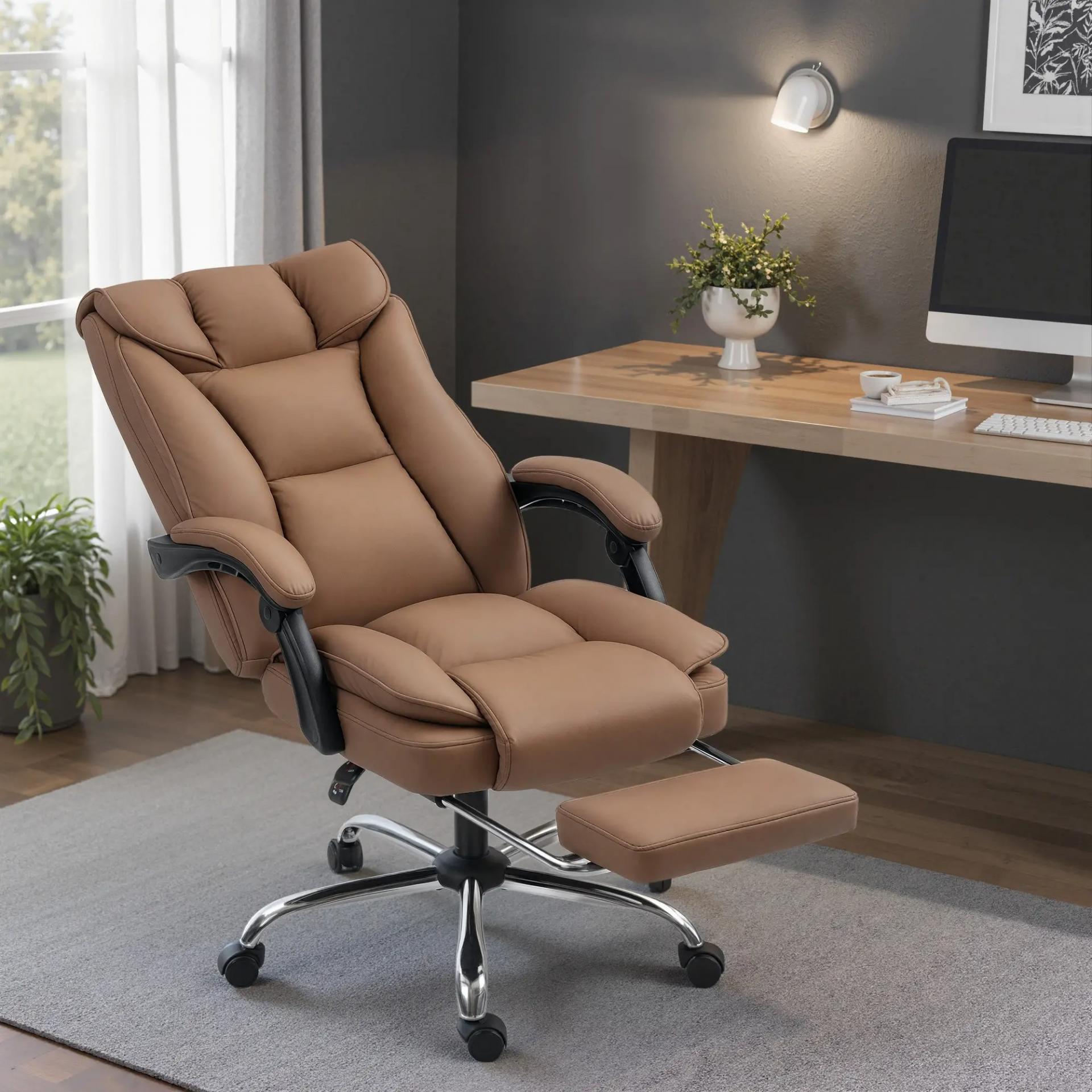 Silla de Escritorio con Reposapiés Respaldo Reclinable Acolchado Grueso Tapizada en Cuero Sintético Marrón