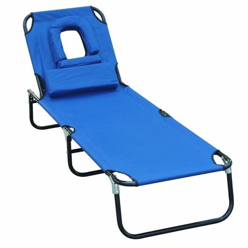 Tumbona Plegable con Respaldo Regulable en 4 Posiciones Tumbona de Jardín con Orificio de Lectura Almohada Marco Metálico y Tela Oxford para Playa Terraza Carga 120 kg 190x56x28 cm Azul [8]