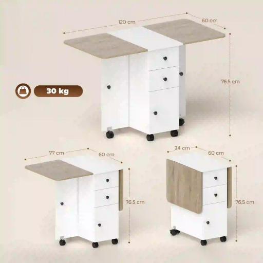 Mesa Plegable de Comedor con Ruedas Alas Abatibles 2 Cajones y Armario Hasta 6 Personas 120x60x76,5 cm Blanco y Natural [1]