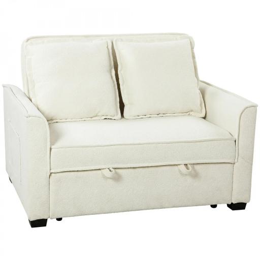 Sofá Cama 2 Plazas 3 en 1 con Respaldo Ajustable Bolsillos Laterales 2 Almohadas para Sala de Estar Blanco Crema [2]