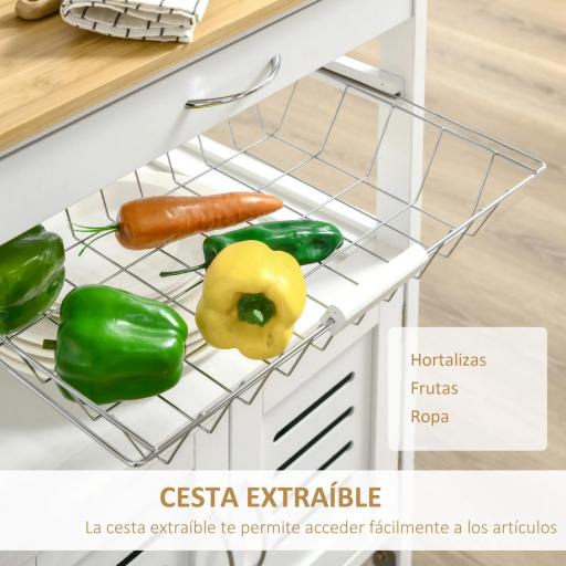 Carrito de Cocina con Ruedas Carro de Almacenamiento Multiuso con Encimera de Bambú Cajón Cesta Metálica y Armario de 2 Puertas de Persiana 58x37x85,5 cm Blanco [8]