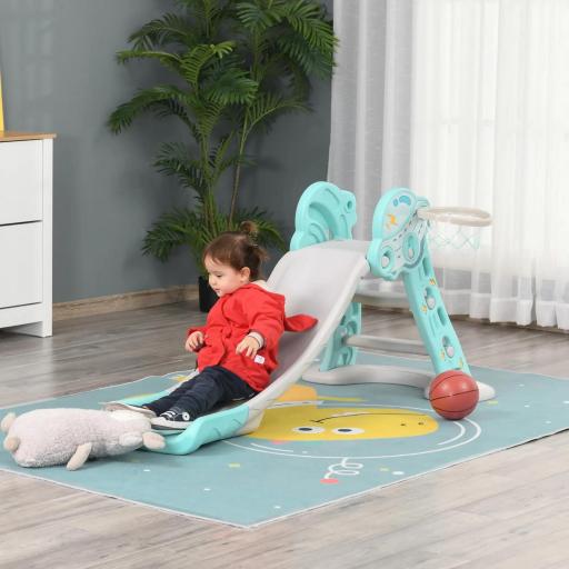 Tobogán para Niños +18 Meses Plegable 2 en 1 con Canasta de Baloncesto Modelo Jirafa Juguete Infantil para Interiores y Exteriores 140x87x75 cm Azul y Gris [7]
