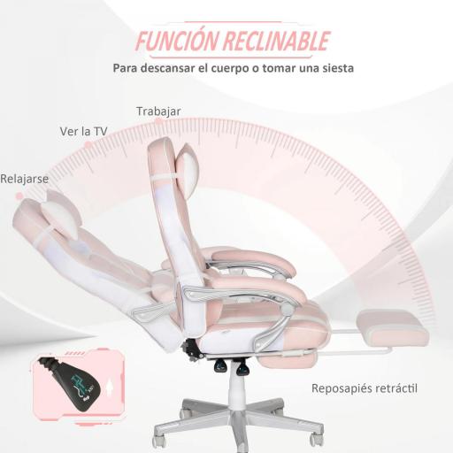 Silla Gamer Reclinable con Altura Ajustable Reposapiés Retráctil Soporte Lumbar y Reposacabezas Desmontable Rosa [5]