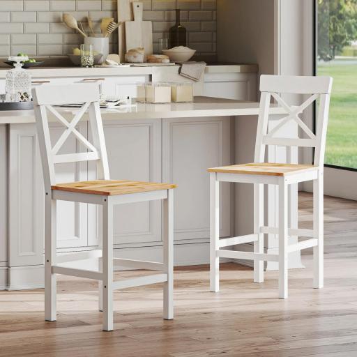 Taburetes Altos de Cocina de Madera Altura Asiento 60,2 cm con Respaldo y Reposapiés 41x46x97,5 cm Natural y Blanco [7]