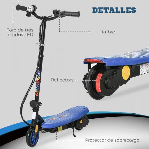 Patinete Eléctrico para Niños de 7-14 Años Plegable con Faro LED Rueda y Freno Velocidad Máxima de 12 km/h Azul [4]