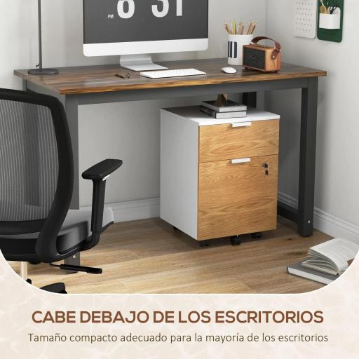 Mueble Archivador con Ruedas 2 Cajones Barra Colgante para Carpetas A4 y Carta Cerradura 42x40x60 cm Blanco y Natural [6]