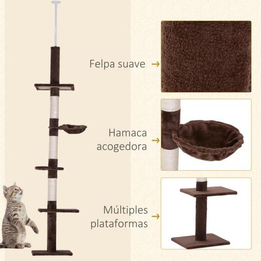 Árbol para Gatos de Suelo a Techo de 230-260 cm con Altura Ajustable Plataformas Hamaca y Postes de Sisal Marrón [5]