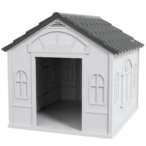  Casa para Perros 84,2x98,2x82 cm con Patrón de Ventana y Techo de Tejas de Imitación para Perros Grandes Gris y Blanco [8]