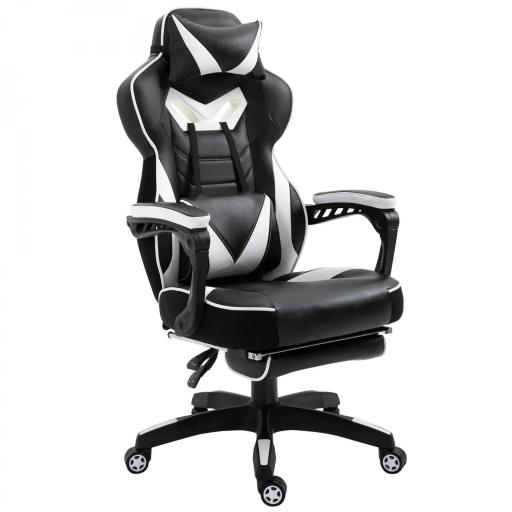 Silla Gaming Ergonómica Silla de Escritorio de Oficina Regulable en Altura Reclinable Respaldo con Reposapiés Reposacabezas Cojín Lumbar Ruedas 65x70x118,5-128,5 cm Blanco [8]